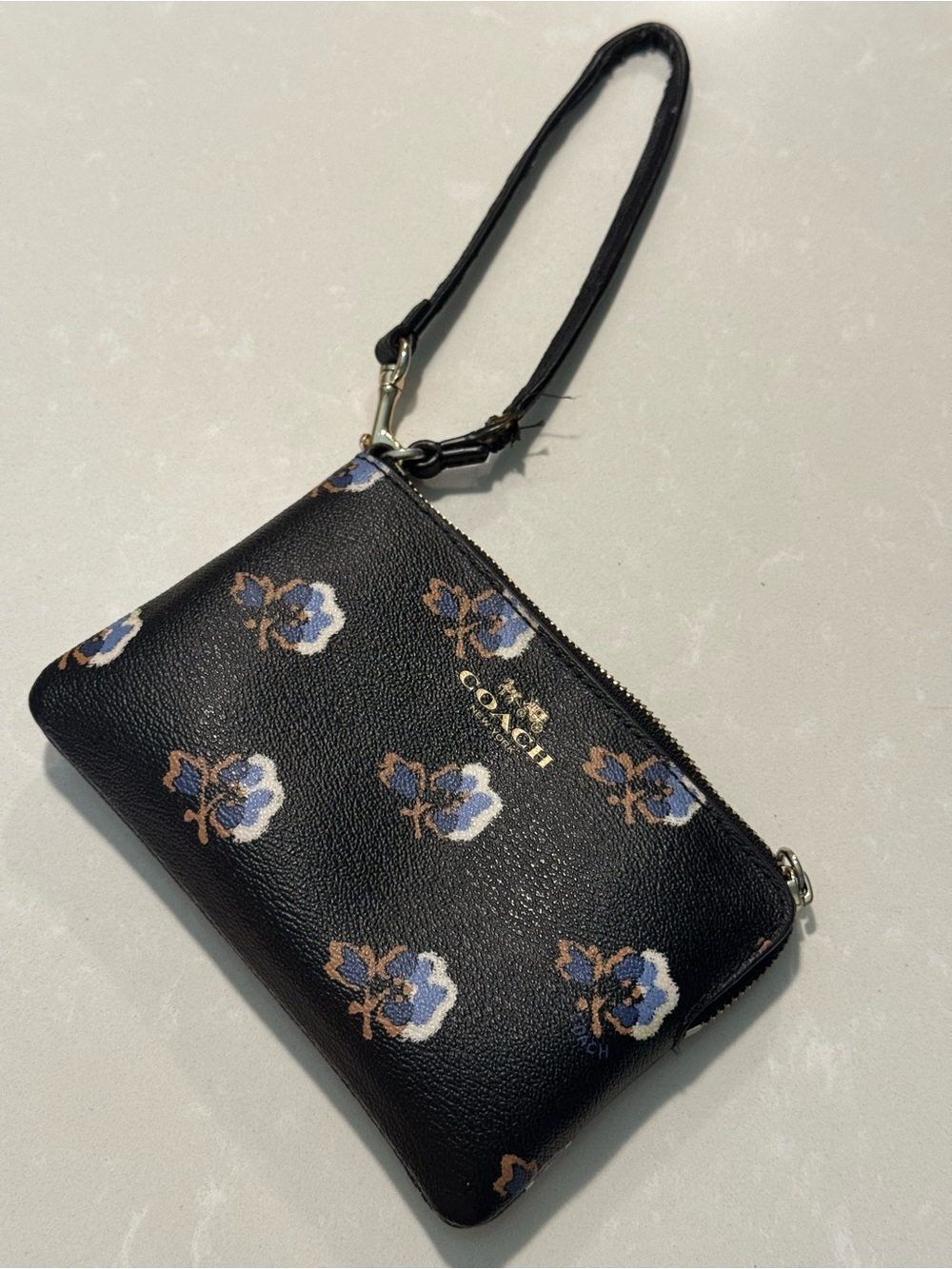 Coach Black Leather Wristlet with Blue and Tan Floral Print